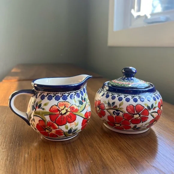 Authentic Handmade Polish Pottery UNIKAT Sugar Bowl with Lid & Matching Creamer - Picture 4 of 7